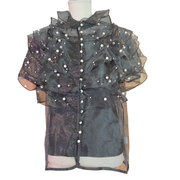 #A018  Nancy EveningGlam ModernElegance Black Organza Pearl Ruffle Blouse NWOT L - Picture 1 of 7